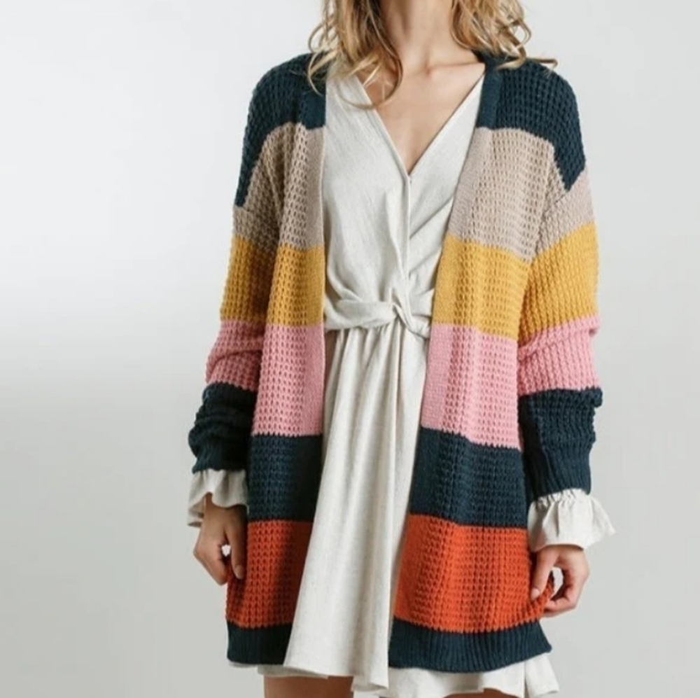 Umgee Open Front Knit Cardigan Colorblock Stripes Sweater Sz L